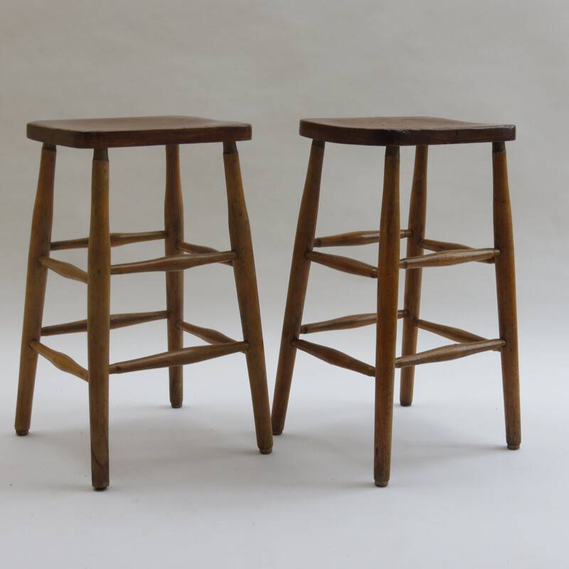 Set of 2 vintage Elmwood and Beechwood Work Stools, 1959s