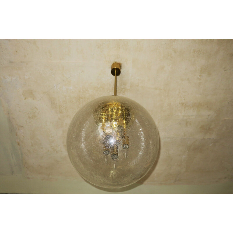 Large vintage pendant light in glass and brass globe by Doria Leuchten, 1960s