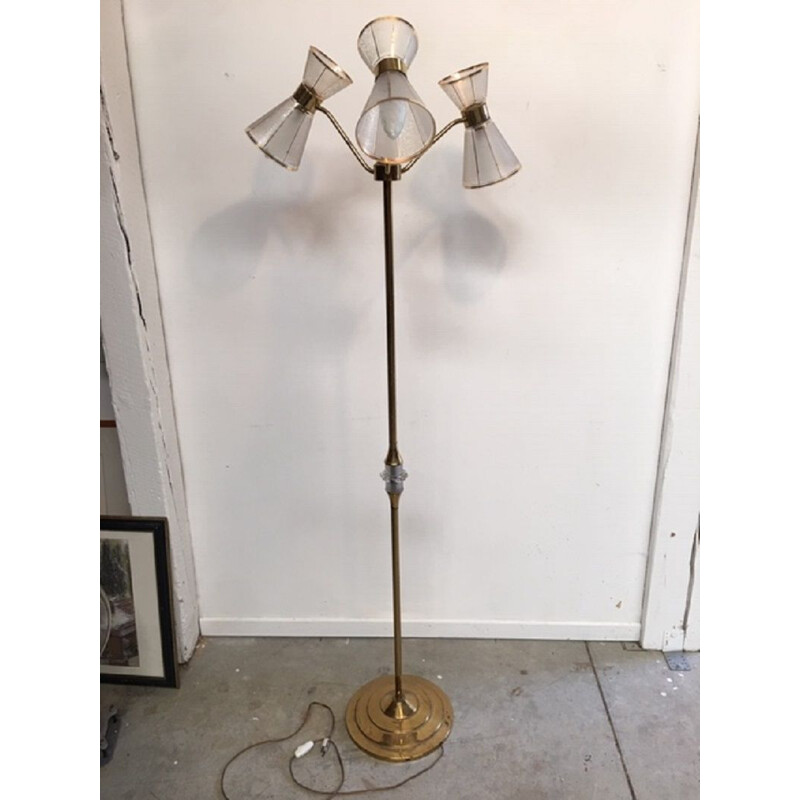 Vintage floor lamp with 3 glass and gilded brass lamps, France, 1950s