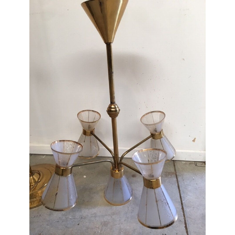 Vintage chandelier 4 arms and 5 lamps in gilded brass and glass, France, 1950s