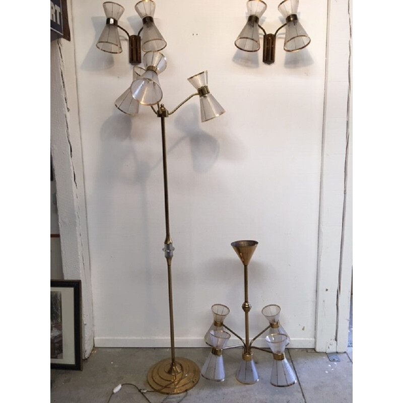 Pair of vintage Diabolo wall lamps in brass and glass