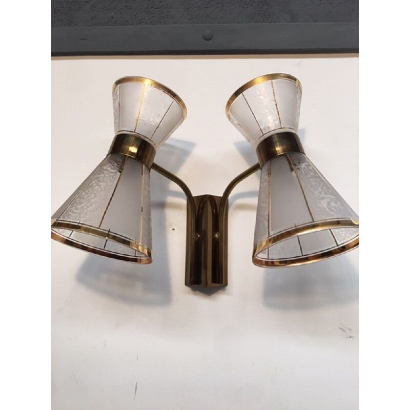 Pair of vintage Diabolo wall lamps in brass and glass