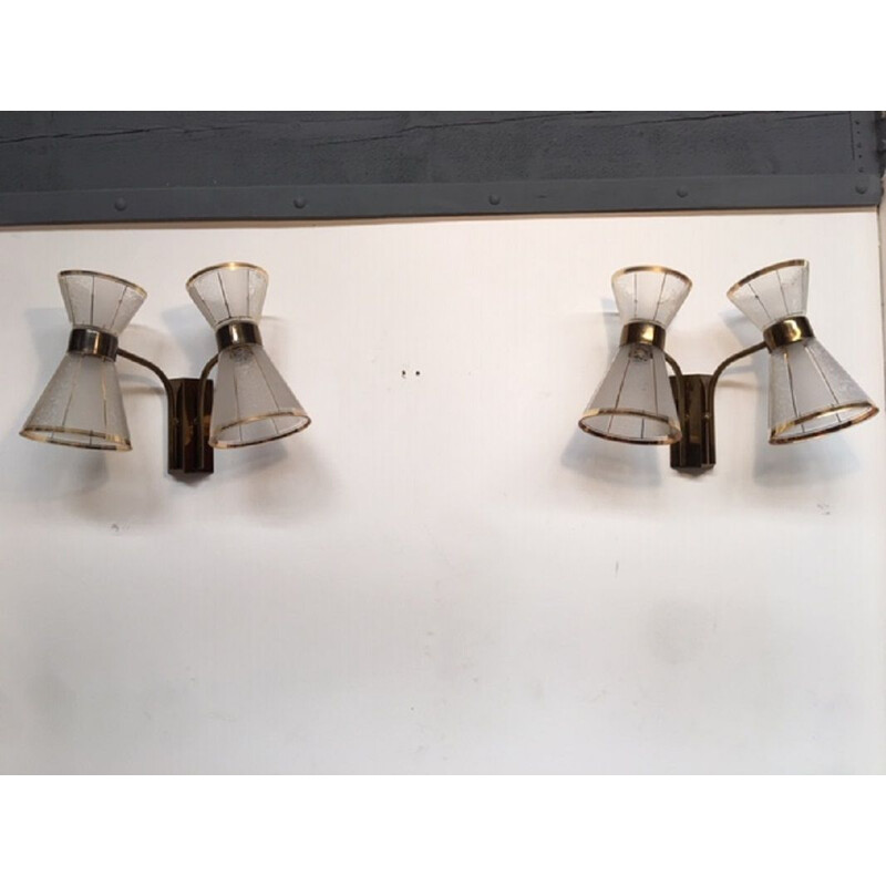 Pair of vintage Diabolo wall lamps in brass and glass