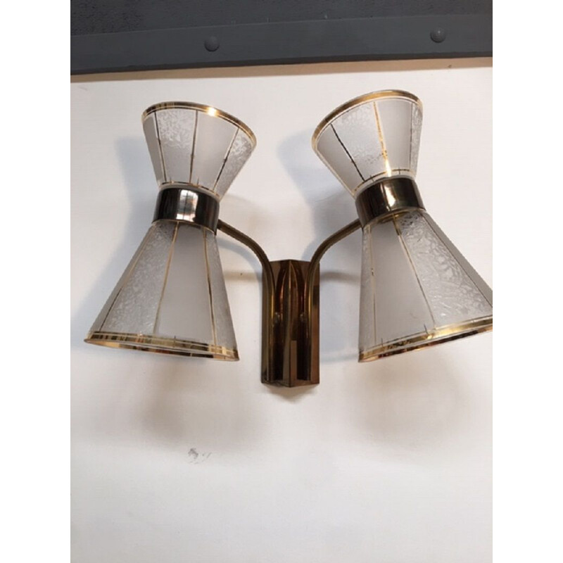 Pair of vintage Diabolo wall lamps in brass and glass