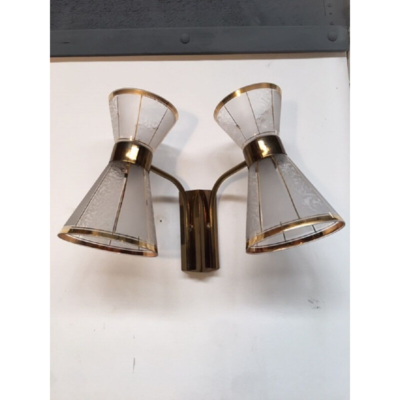 Pair of vintage Diabolo wall lamps in brass and glass