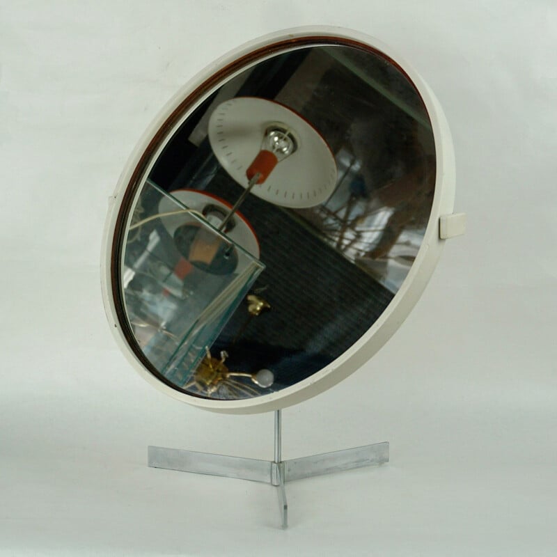 Vintage white circular table mirror by Uno and Osten Kristiansson for Luxus, Sweden 1960