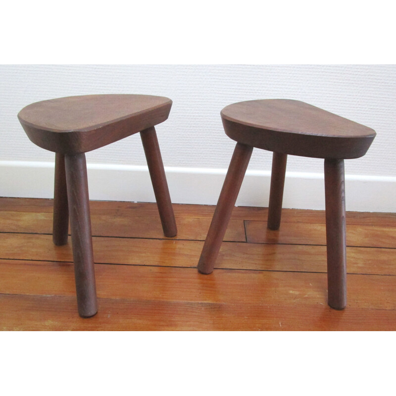 Pair of vintage wooden tripod stools, 1960
