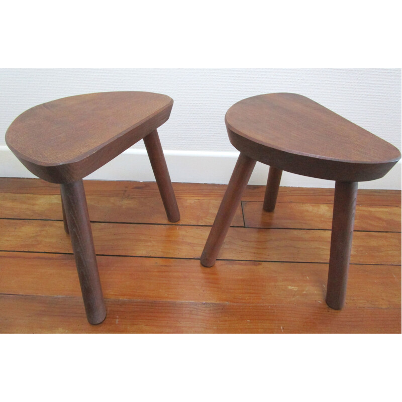 Paire de tabourets tripodes vintage en bois, 1960