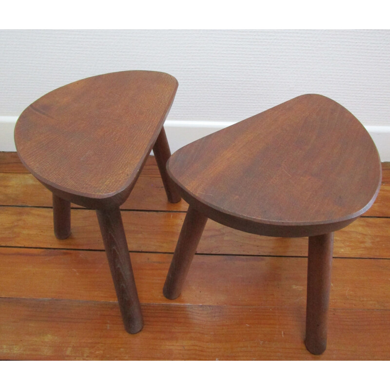 Paire de tabourets tripodes vintage en bois, 1960