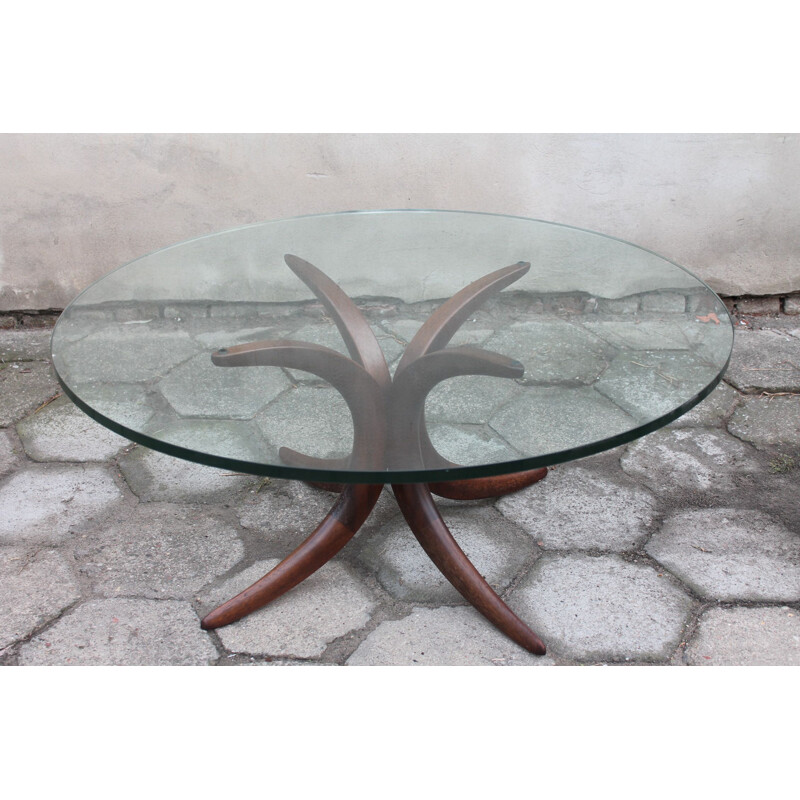 Vintage glass and wood coffee table, 1960