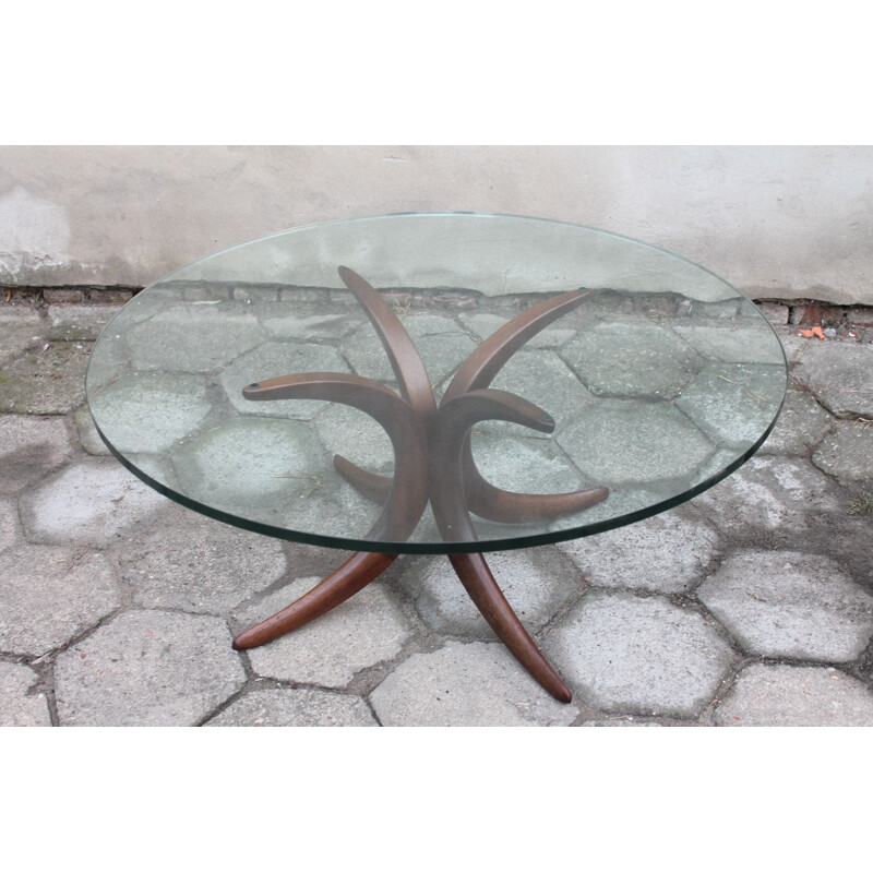 Vintage glass and wood coffee table, 1960
