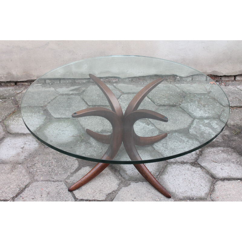 Vintage glass and wood coffee table, 1960