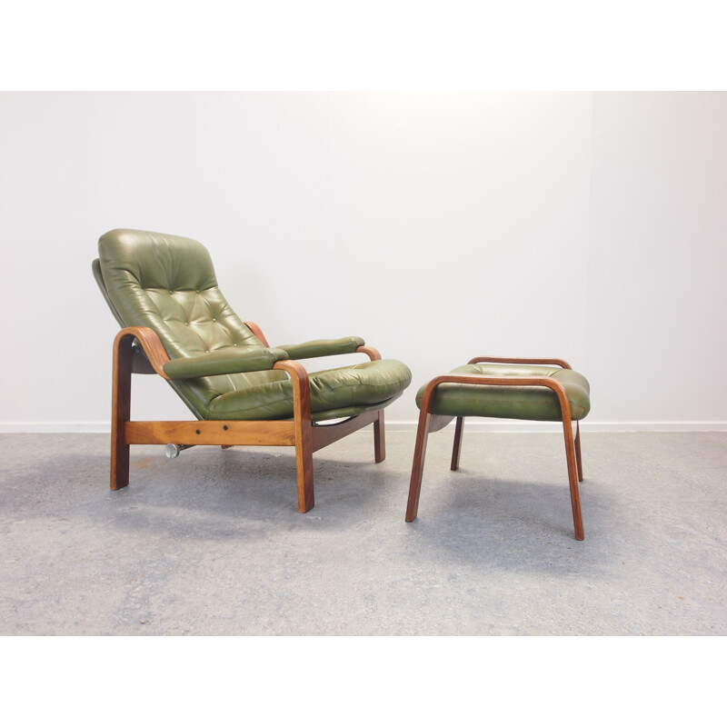 Vintage lounge chair with green leather and ottoman by G-Mobel, 1970s