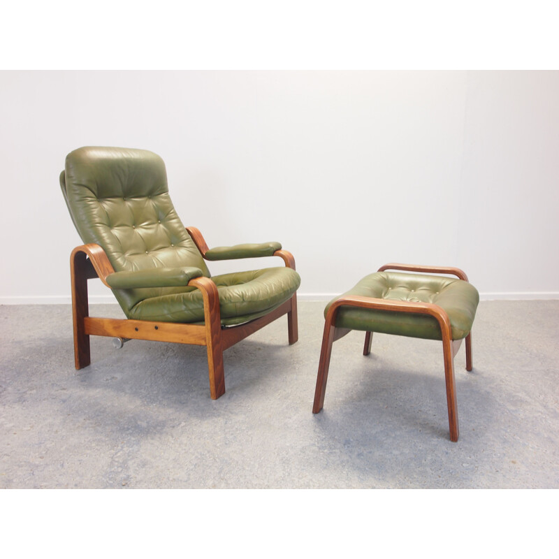 Vintage lounge chair with green leather and ottoman by G-Mobel, 1970s