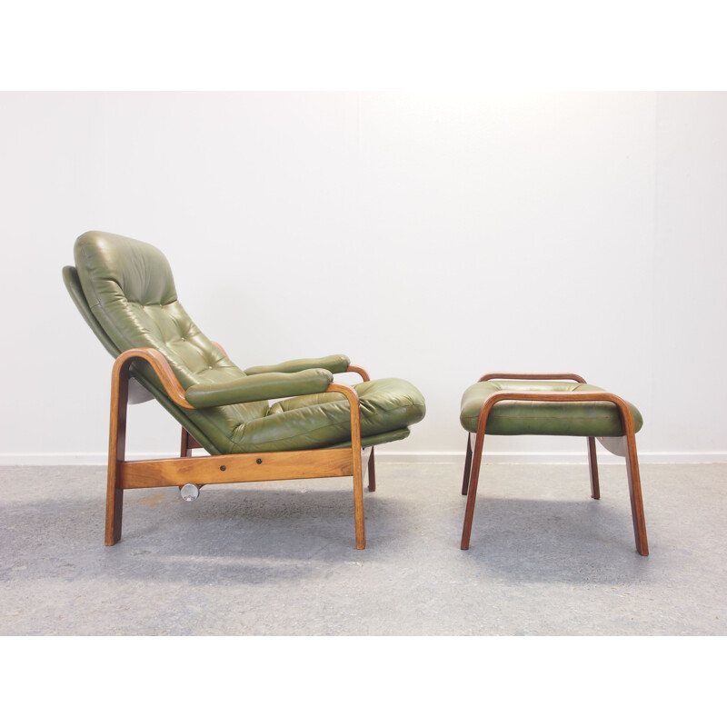 Vintage lounge chair with green leather and ottoman by G-Mobel, 1970s