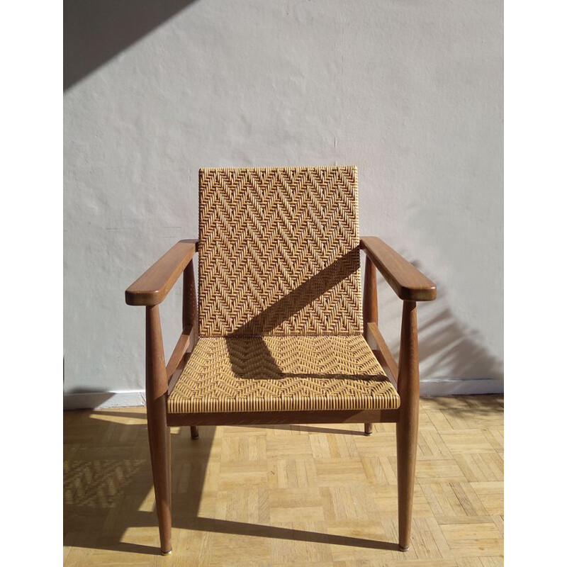 Vintage rattan and oak chair, France, 1950-60s