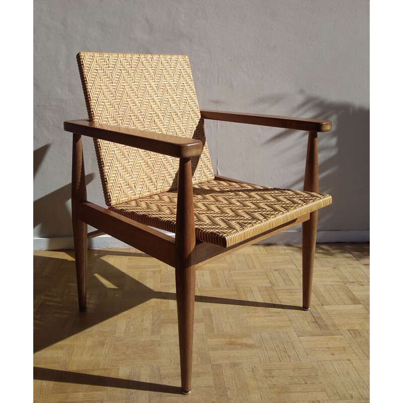 Vintage rattan and oak chair, France, 1950-60s