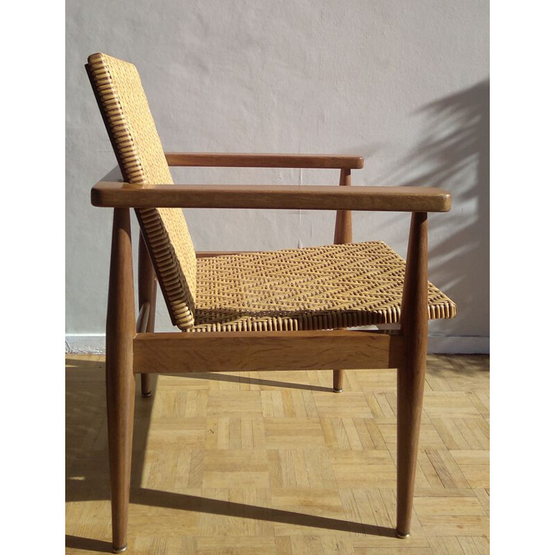 Vintage rattan and oak chair, France, 1950-60s