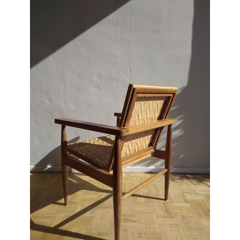 Vintage rattan and oak chair, France, 1950-60s