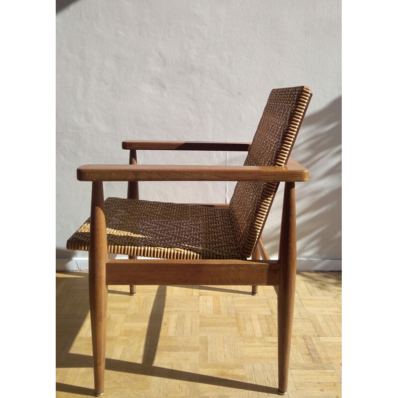 Vintage rattan and oak chair, France, 1950-60s