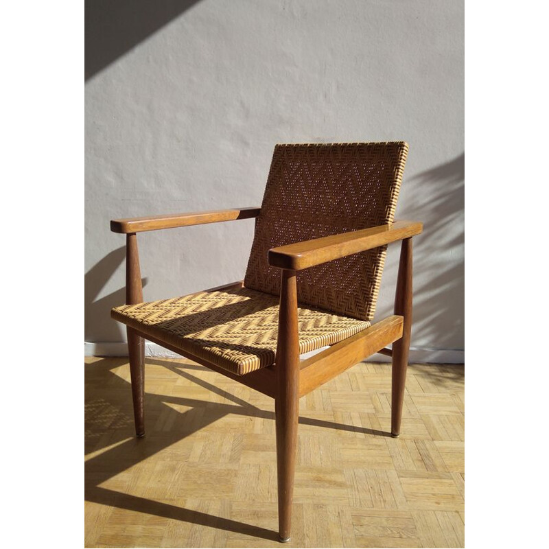 Vintage rattan and oak chair, France, 1950-60s