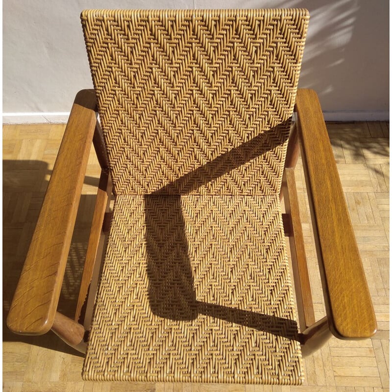 Vintage rattan and oak chair, France, 1950-60s
