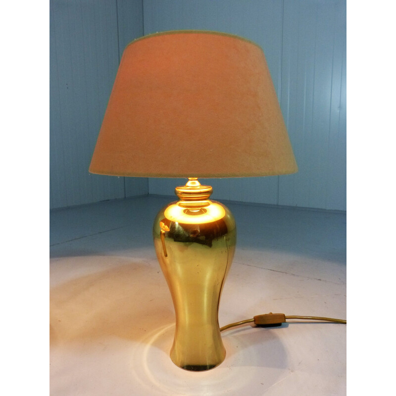 Set of 2 vintage brass and beige velvet shades table lamps, 1970