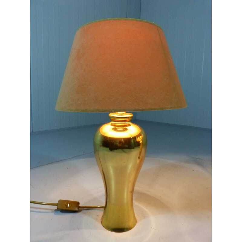 Set of 2 vintage brass and beige velvet shades table lamps, 1970