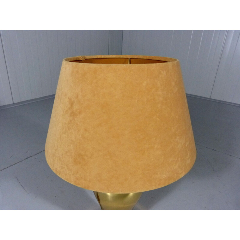 Set of 2 vintage brass and beige velvet shades table lamps, 1970