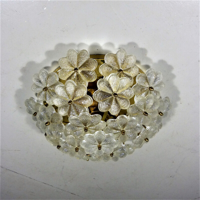 Vintage glass and brass flower ceiling lamp by Palwa, Germany 1960s