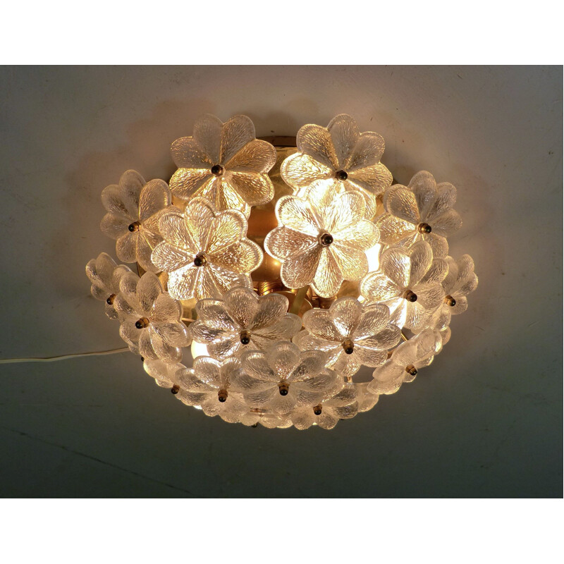 Vintage glass and brass flower ceiling lamp by Palwa, Germany 1960s