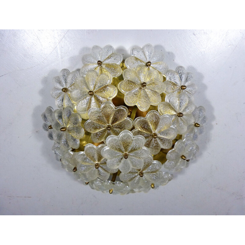 Vintage glass and brass flower ceiling lamp by Palwa, Germany 1960s