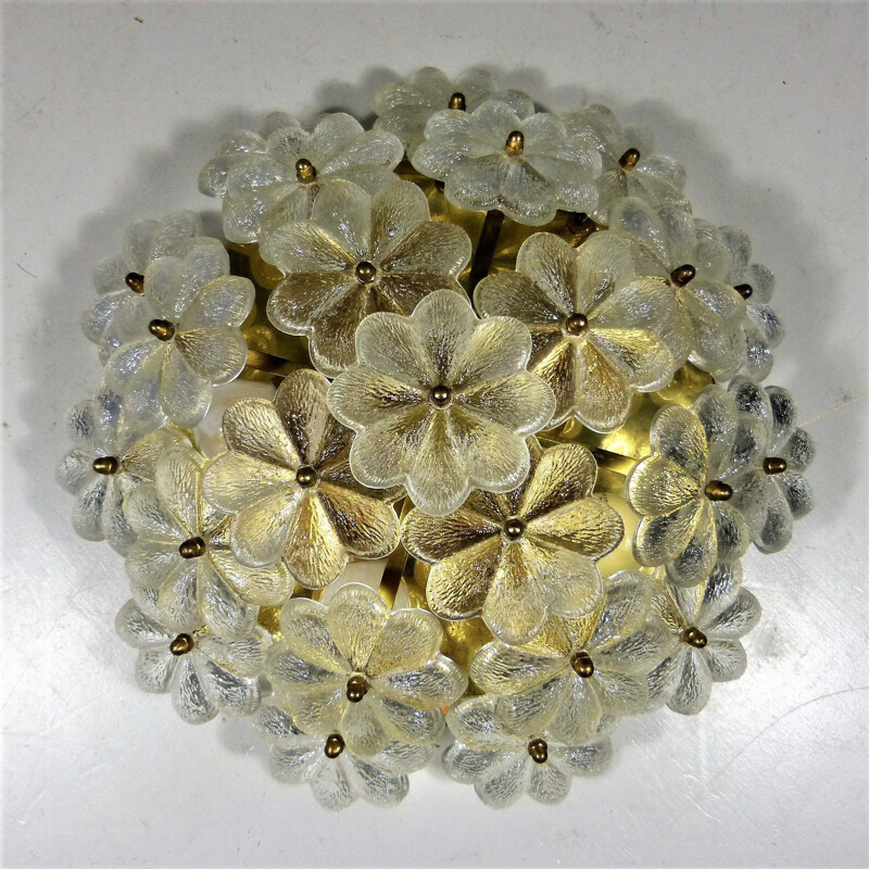 Vintage glass and brass flower ceiling lamp by Palwa, Germany 1960s