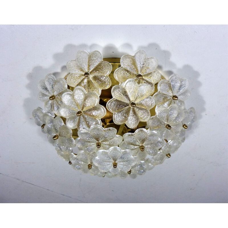 Vintage glass and brass flower ceiling lamp by Palwa, Germany 1960s