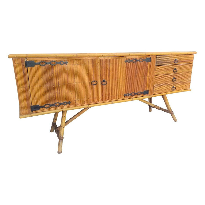 Vintage sideboard in rattan by Audoux et Minet 1970