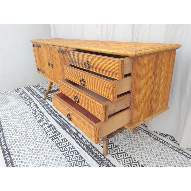 Vintage sideboard in rattan by Audoux et Minet 1970