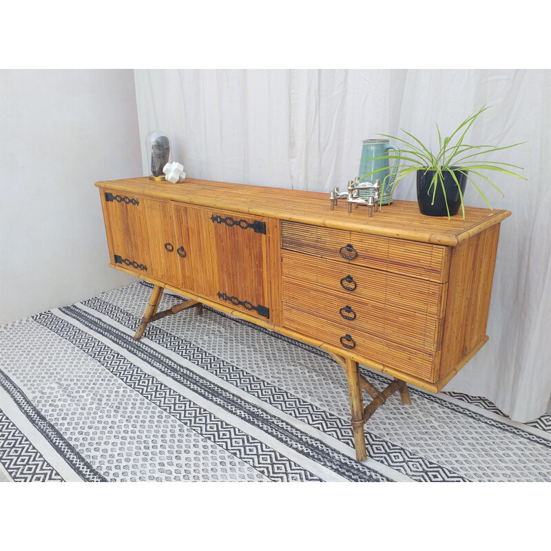 Vintage sideboard in rattan by Audoux et Minet 1970