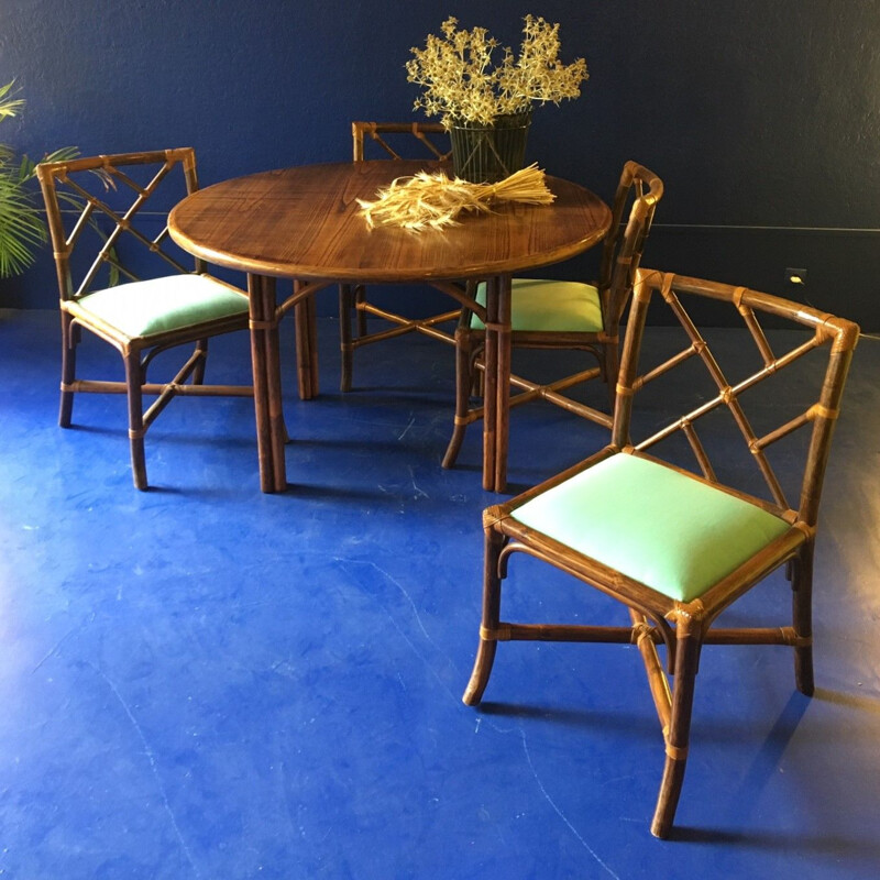 Vintage dining set in bamboo and green velvet
