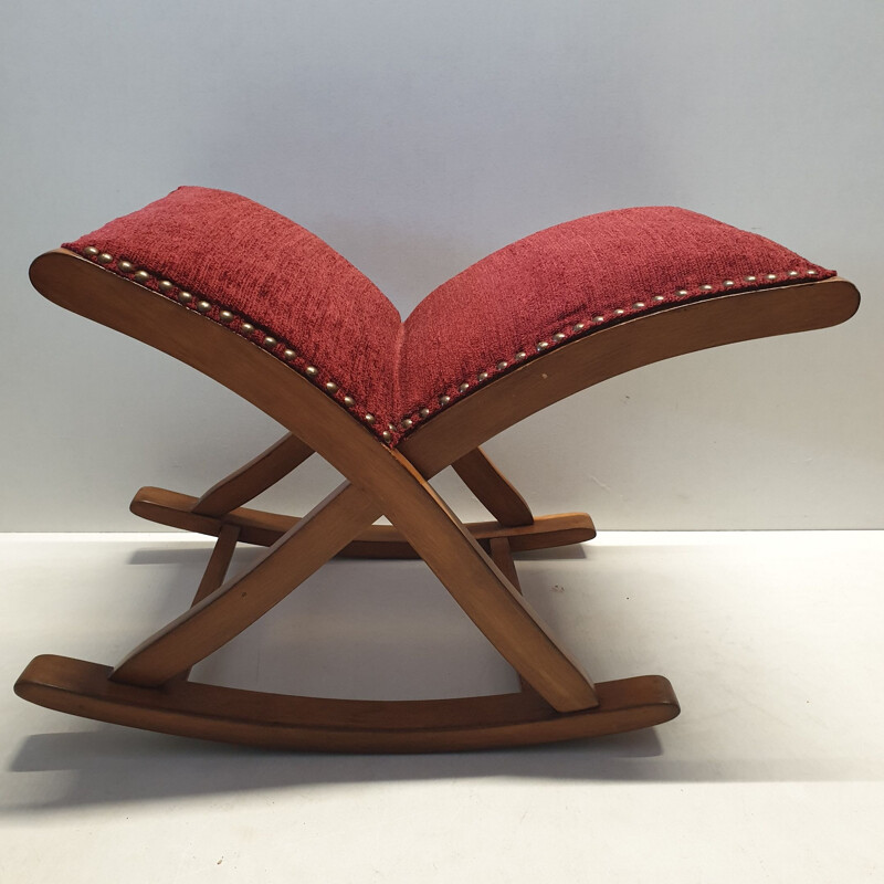Vintage armchair with ottoman in oak and red fabric