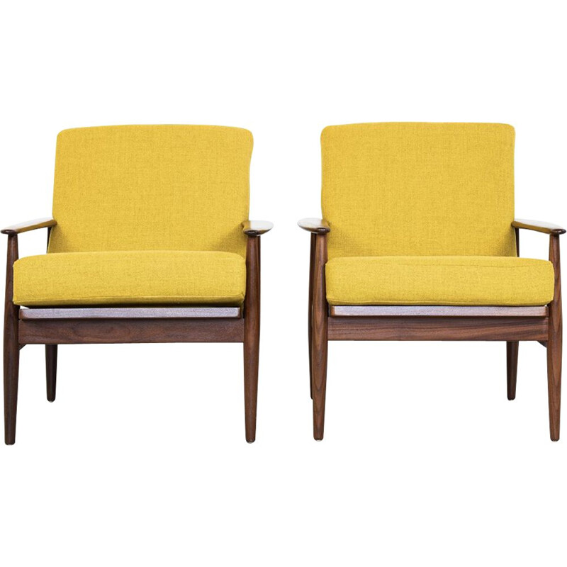 Paire de fauteuils danois en teck et tissu jaune, 1960