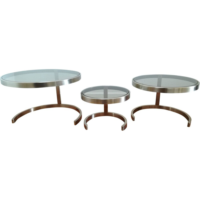 Trois tables gigognes vintage en acier brossé et en verre, 1970 