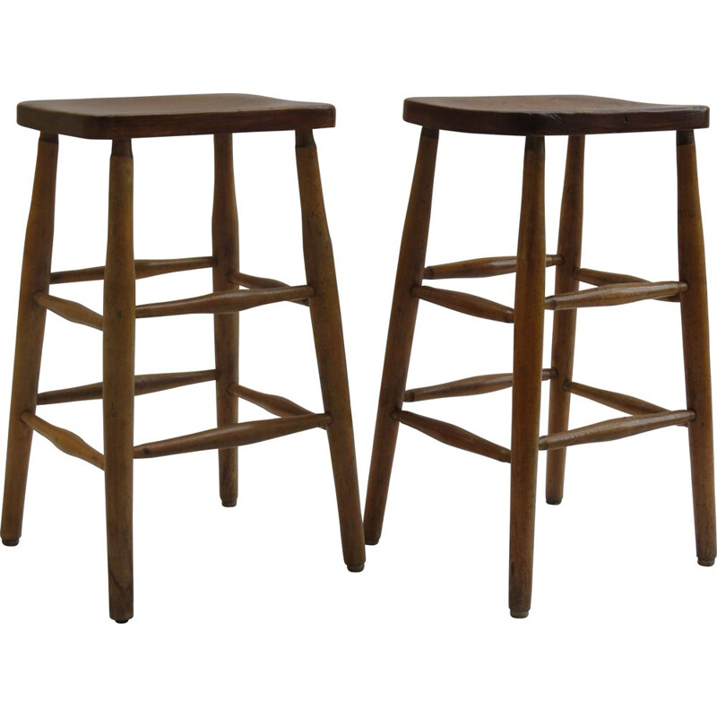 Set of 2 vintage Elmwood and Beechwood Work Stools, 1959s