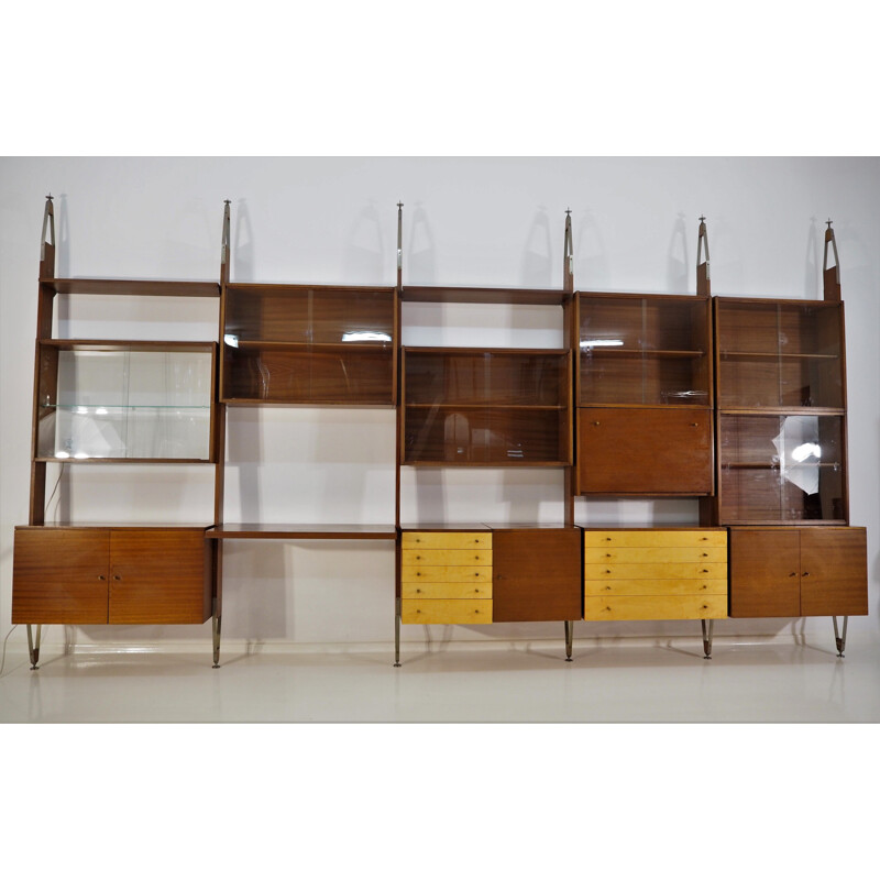 Vintage wall unit in mahogany and brass from Jitona