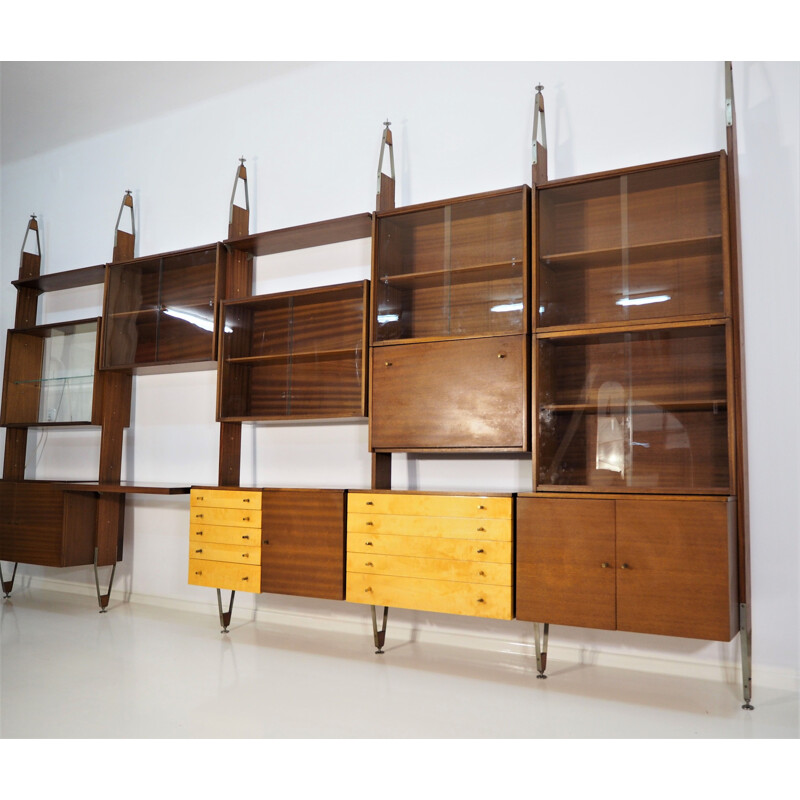 Vintage wall unit in mahogany and brass from Jitona