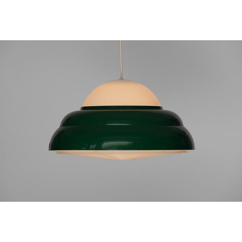 Vintage green aluminium pendant light with opac plastic top. Sweden, 1970s