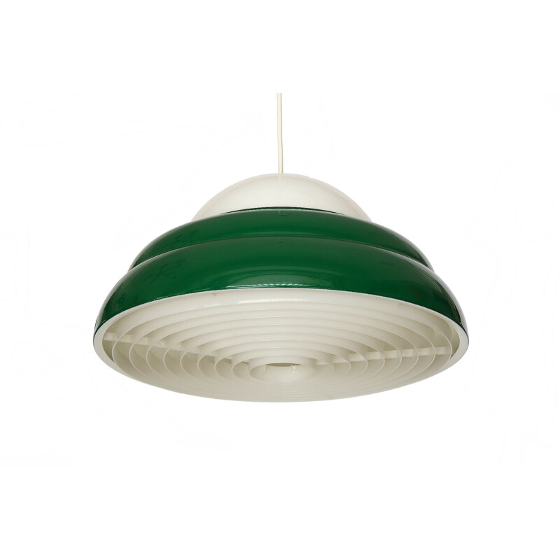 Vintage green aluminium pendant light with opac plastic top. Sweden, 1970s