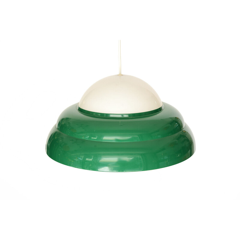 Vintage green aluminium pendant light with opac plastic top. Sweden, 1970s