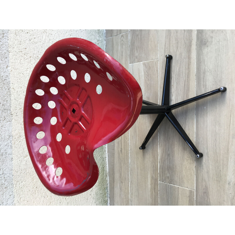 Tabouret vintage rouge et noir réglable, France, 1960