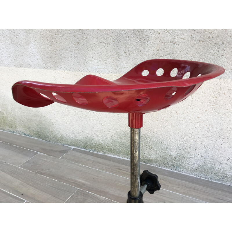 Tabouret vintage rouge et noir réglable, France, 1960