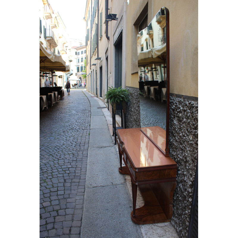 Vintage walnut and glass dressing table with mirror, Italy, 1950s 